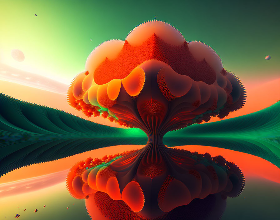 Fractal tree-like shape in red and orange against alien landscape