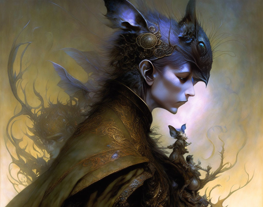 Fantasy Artwork: Elf-like Character with Raven Helmet and Dark Costume