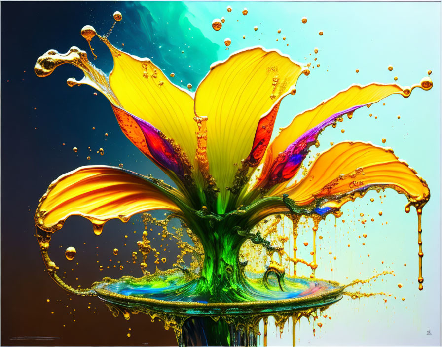 Vibrant paint splashes resembling a colorful flower on dark background