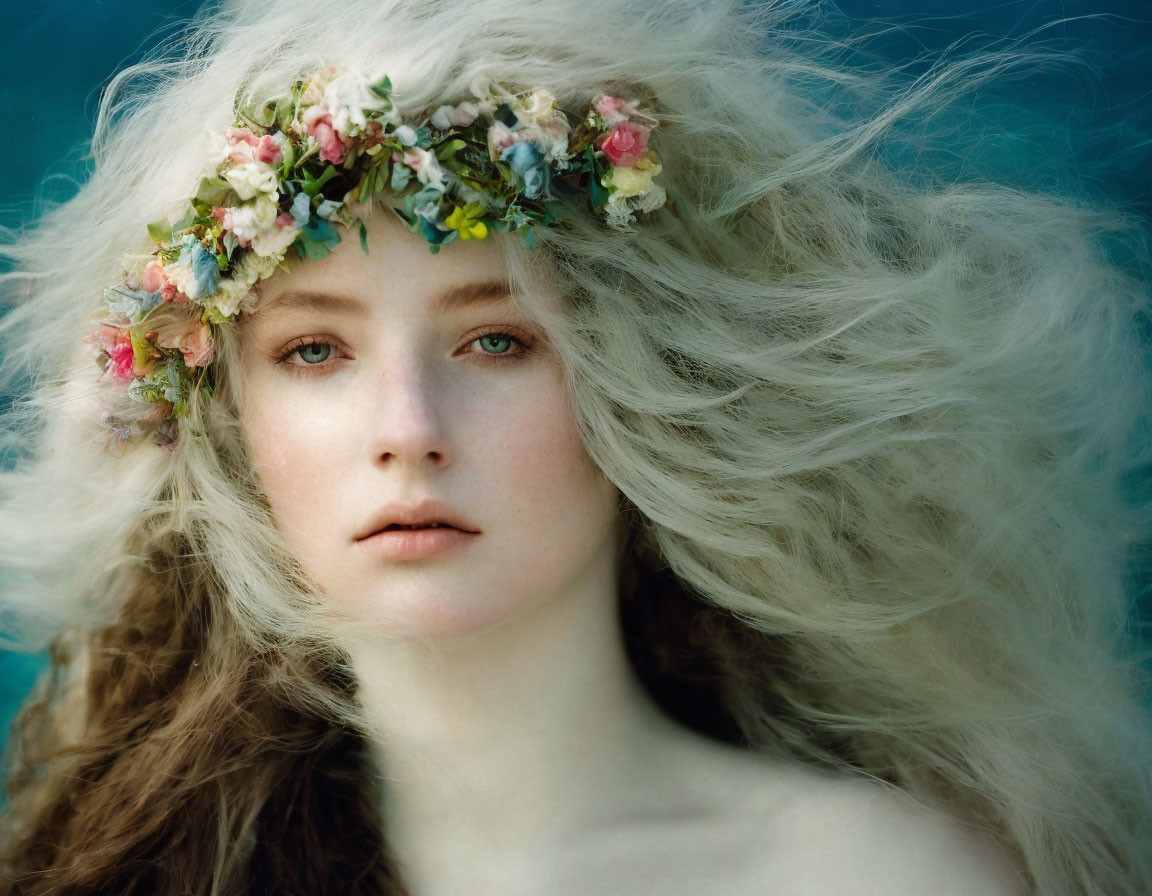 Woman with Wavy Hair and Floral Wreath Against Blue Background