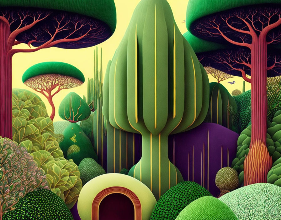 Vibrant colorful forest with unique tree shapes and textures