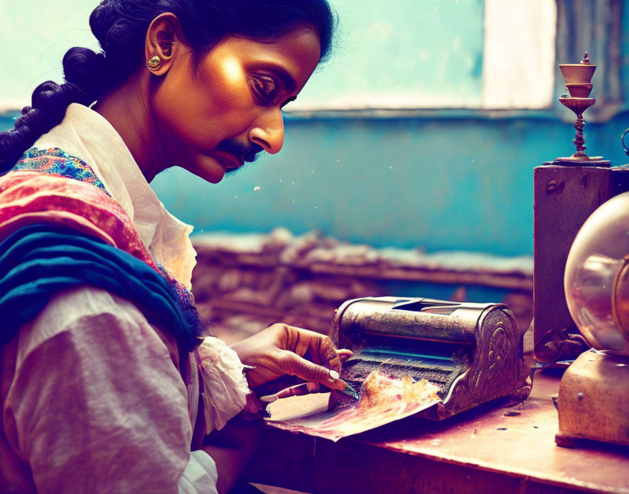 Traditional woman sewing with manual machine near window