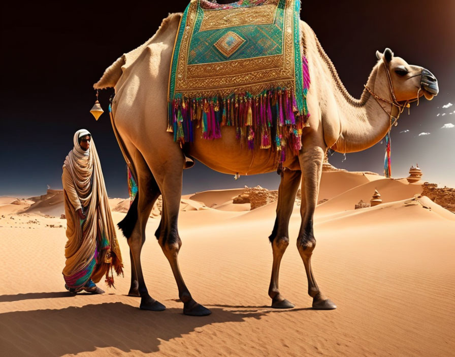 Traditional Attire Person with Adorned Camel in Desert Setting