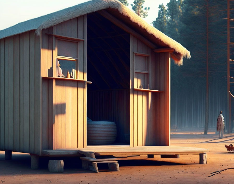 Wooden Shed with Open Door in Forest at Sunrise or Sunset, Figure in Background