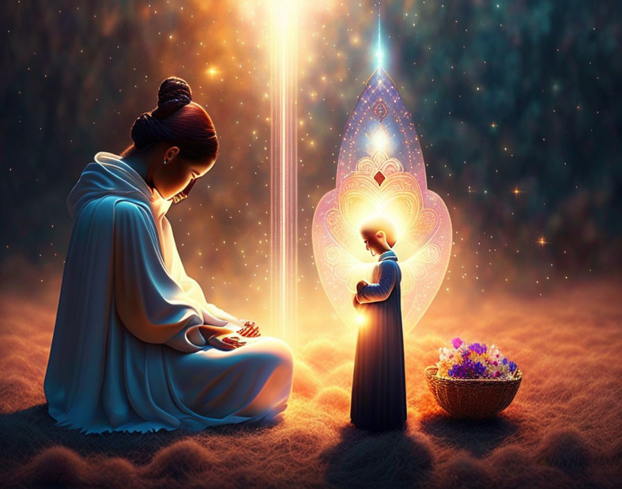 Serene digital artwork of woman and child in prayer by lantern, celestial background.