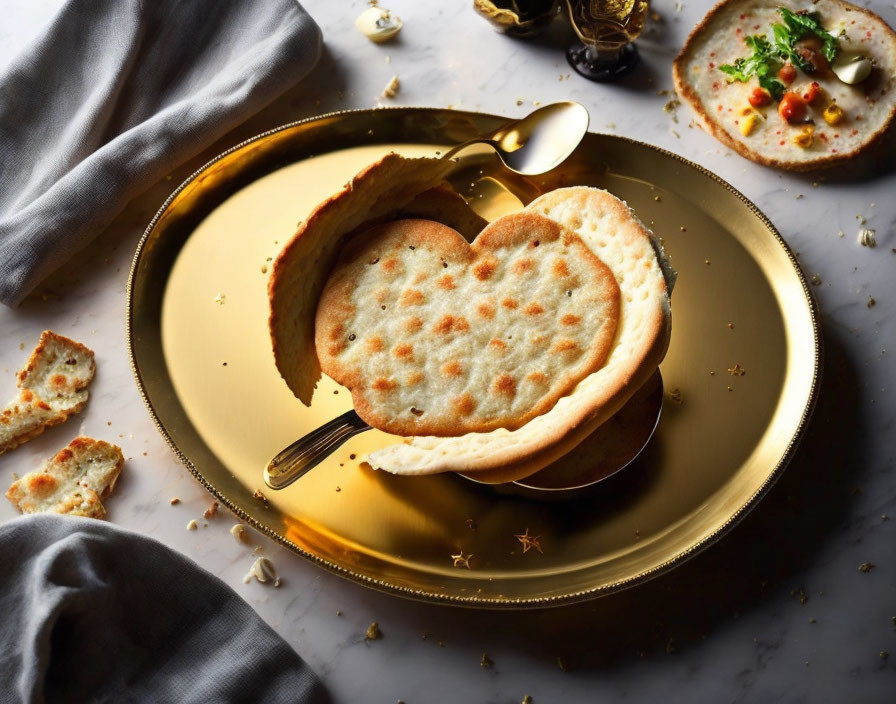 Heart-shaped crackers on gold plate with crumbs and spoon on marbled surface