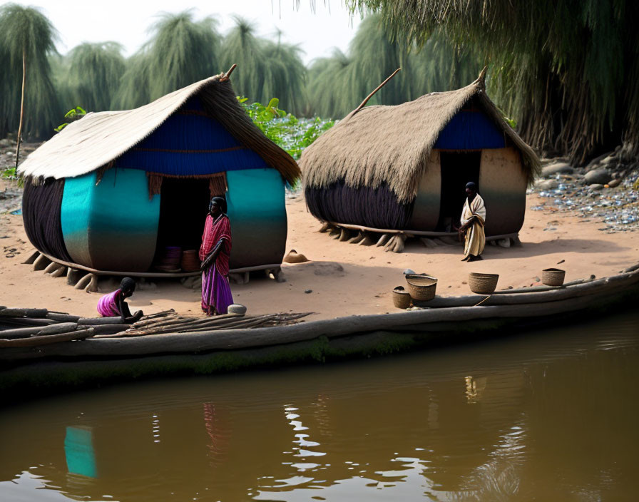 Traditional huts and daily activities in serene riverside scenery