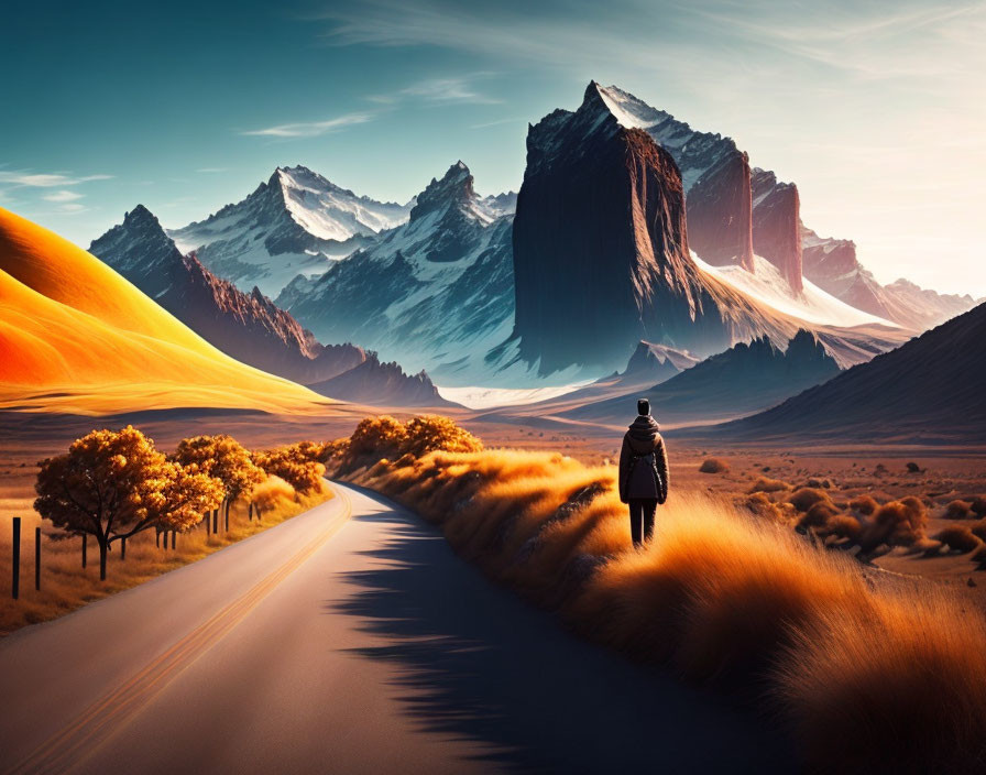 Person standing on curving road in surreal landscape with golden grass, mountains, and colorful sky