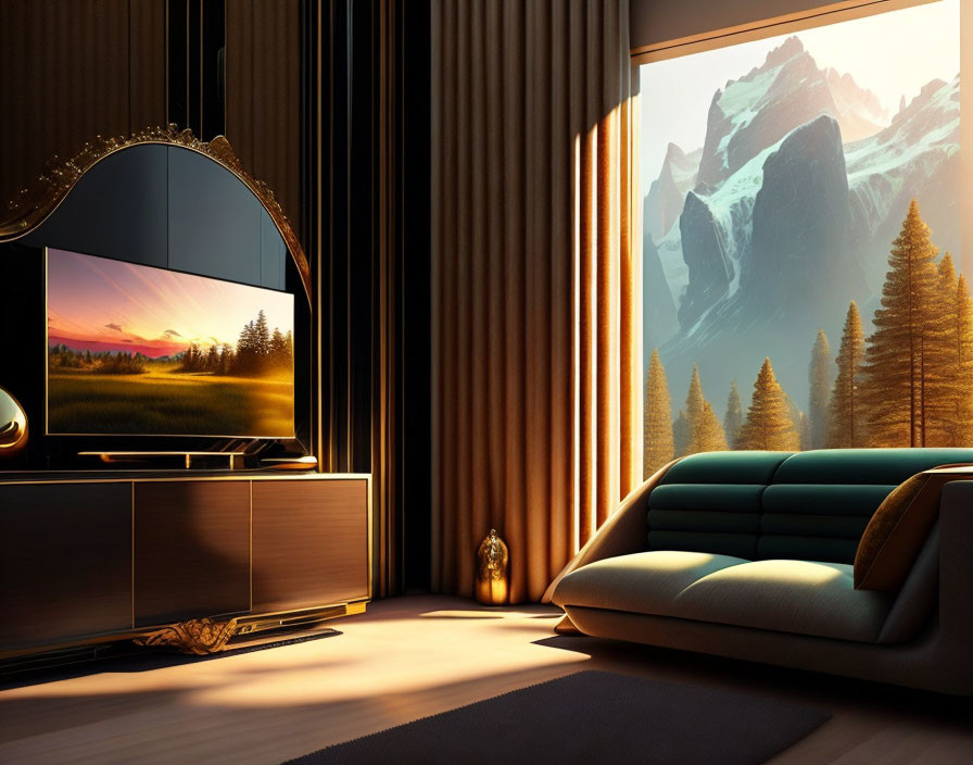 Modern living room with mountain view and stylish blue sofa