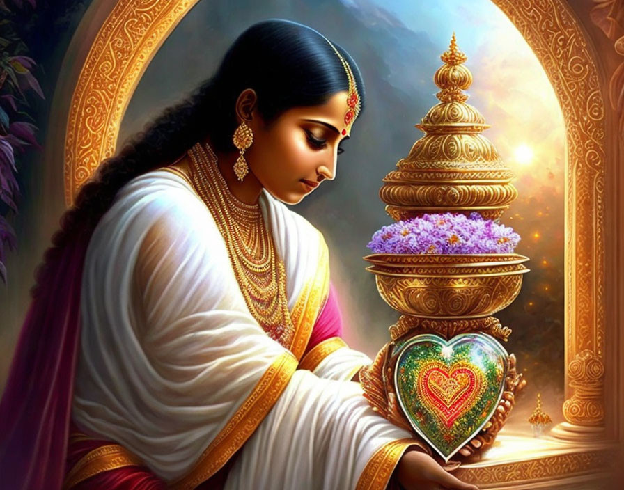 Traditional Indian attire woman holding heart in ornate setting with flowers