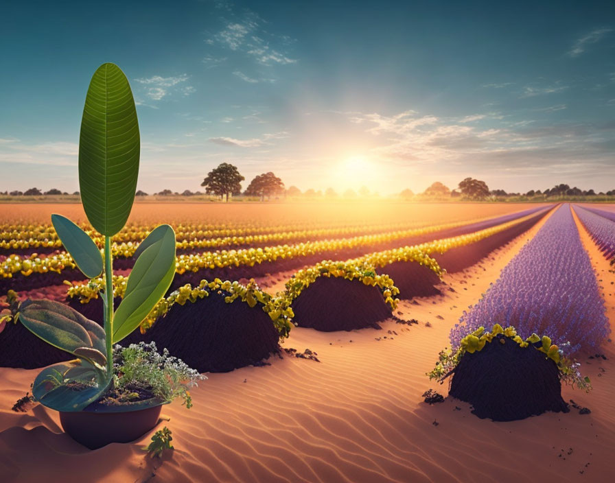 Young Plant in Pot Against Lavender Field Sunrise