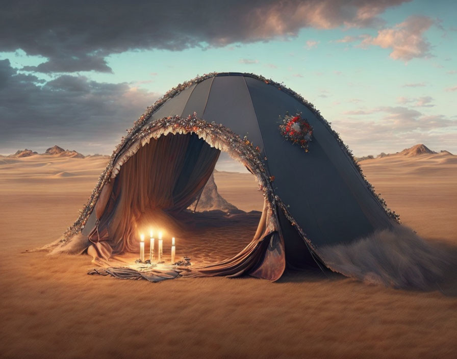 Luxurious Floral Decorated Tent with Lit Candles in Desert Dusk