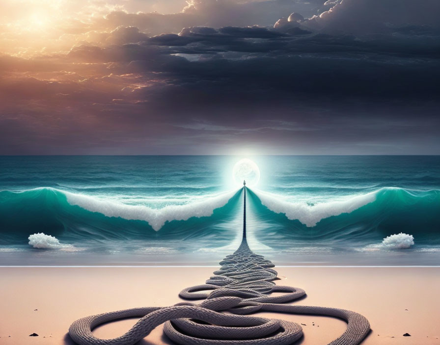 Surreal image: Rope pathway to glowing orb over ocean waves