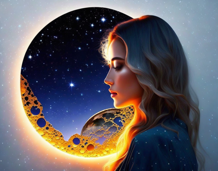 Digital artwork: Woman with golden hair in profile against cosmic background