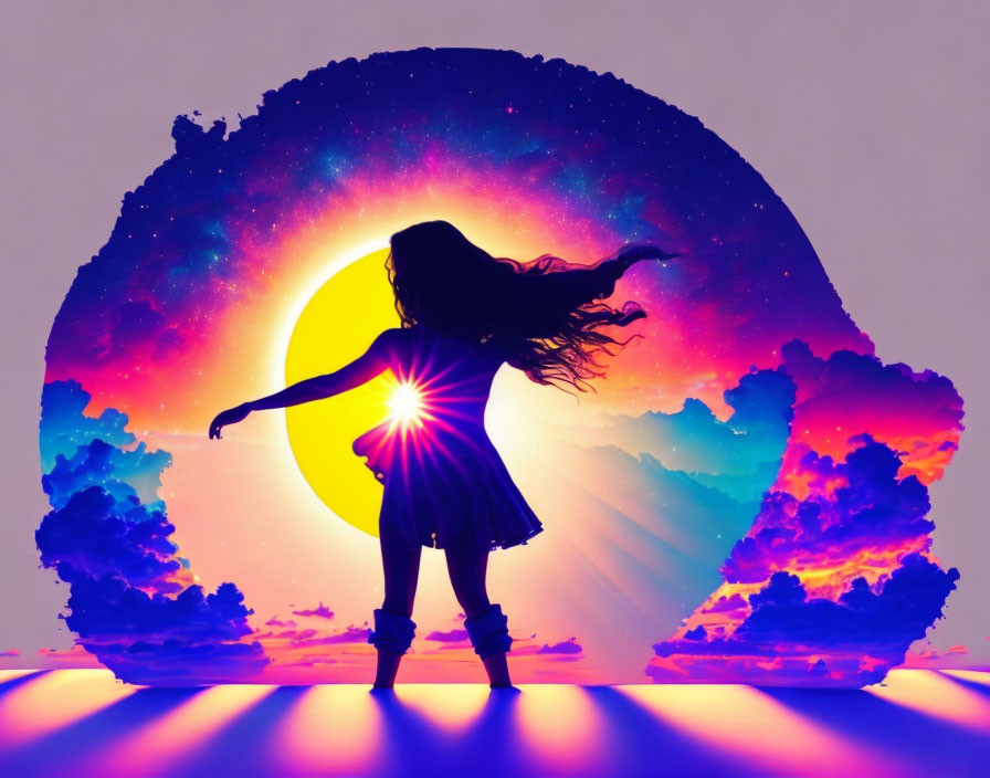 Silhouette of girl with flowing hair in cosmic scene