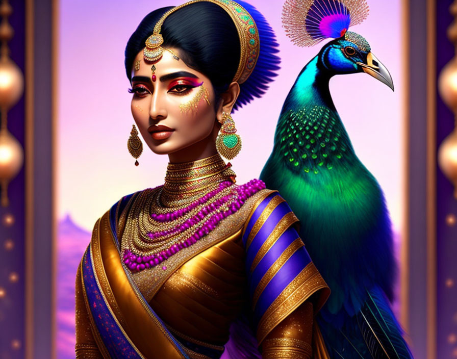 Traditional Indian Attire Woman with Peacock on Purple Background