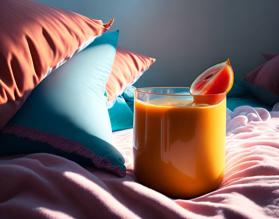 Orange juice glass with watermelon slice on pink bedspread, surrounded by blue and coral pillows in soft