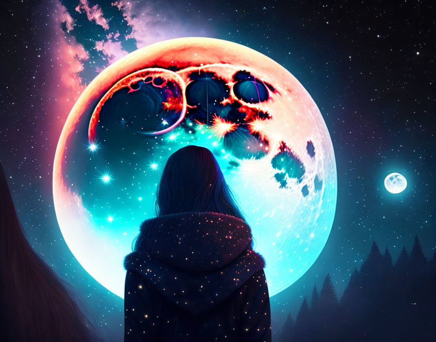 Person in Starry Hoodie Contemplating Surreal Moon and Star-Lit Sky