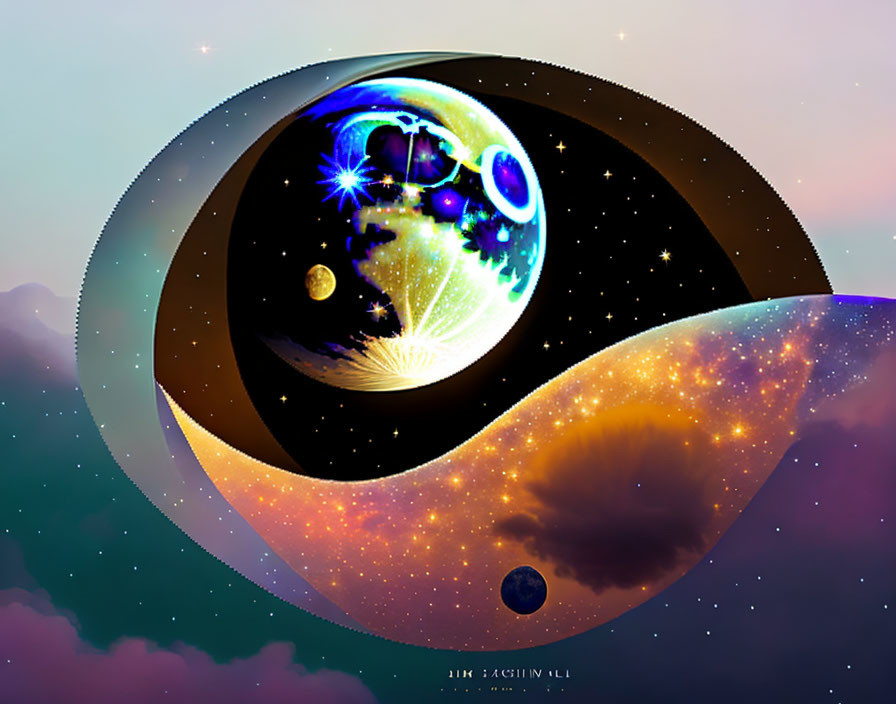 Cosmic yin-yang digital art with space and stars against pastel nebula