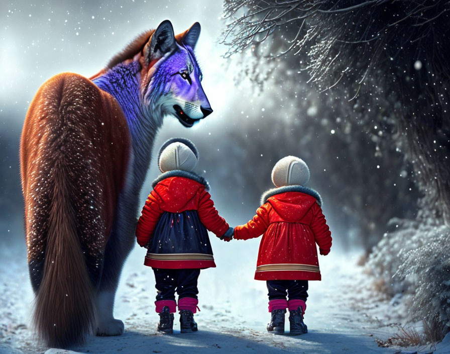 Children in winter clothing with fantastical wolf in snowy landscape