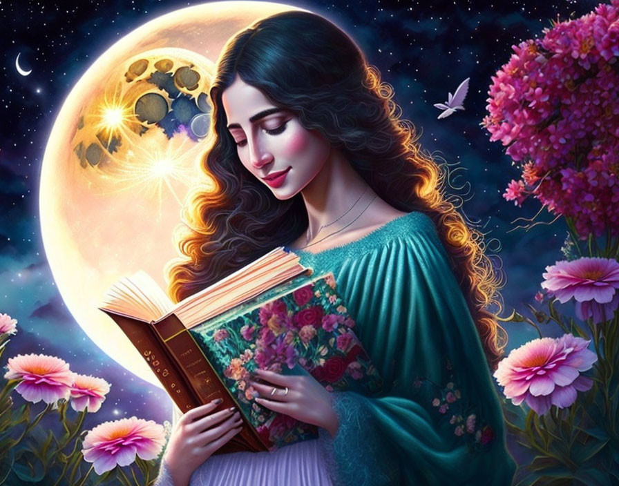 Ethereal woman reading under luminous moon and pink blossoms