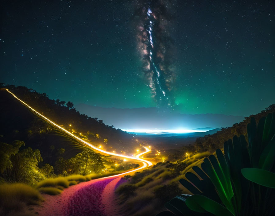 Starry sky with Milky Way and aurora over winding road