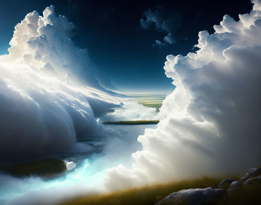 Surreal landscape: towering clouds, tranquil river, grassy valley, sunlit sky