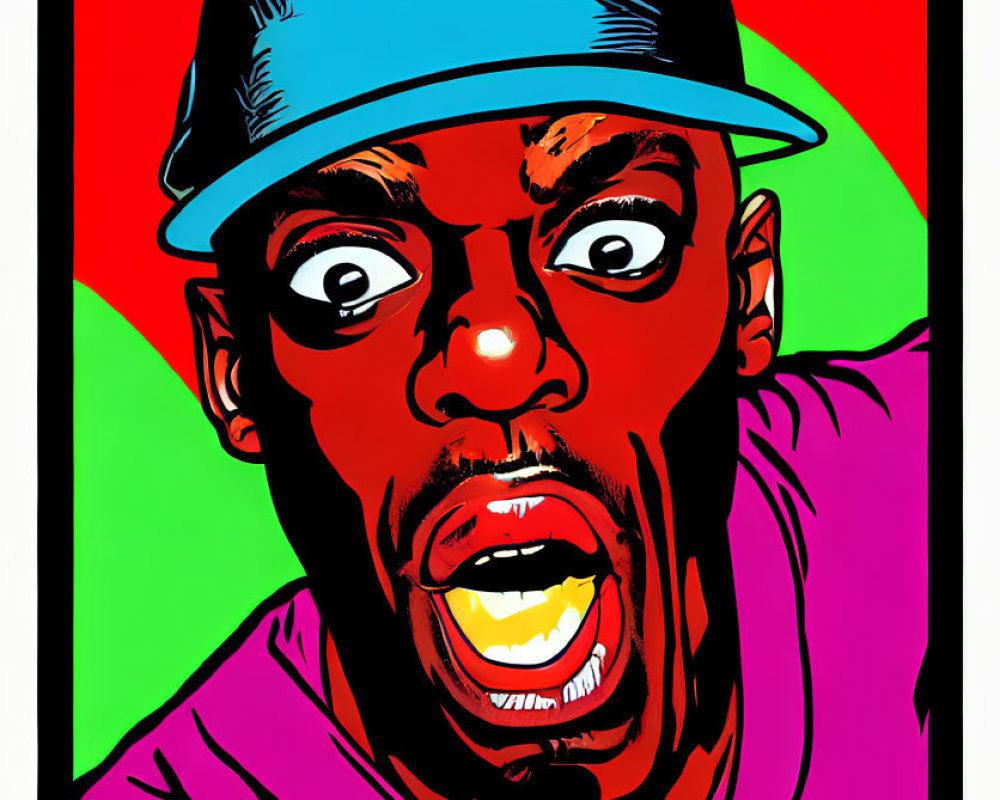 Colorful Pop Art Style Portrait with Wide-eyed Person in Hat on Red and Green Background