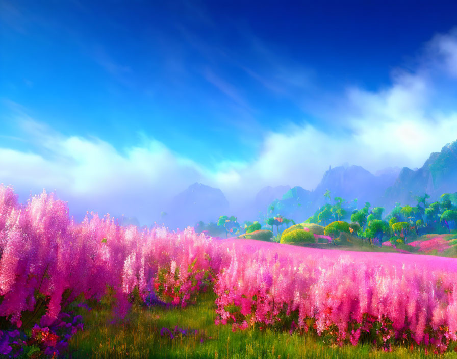 Colorful landscape with pink blooming trees and distant mountains