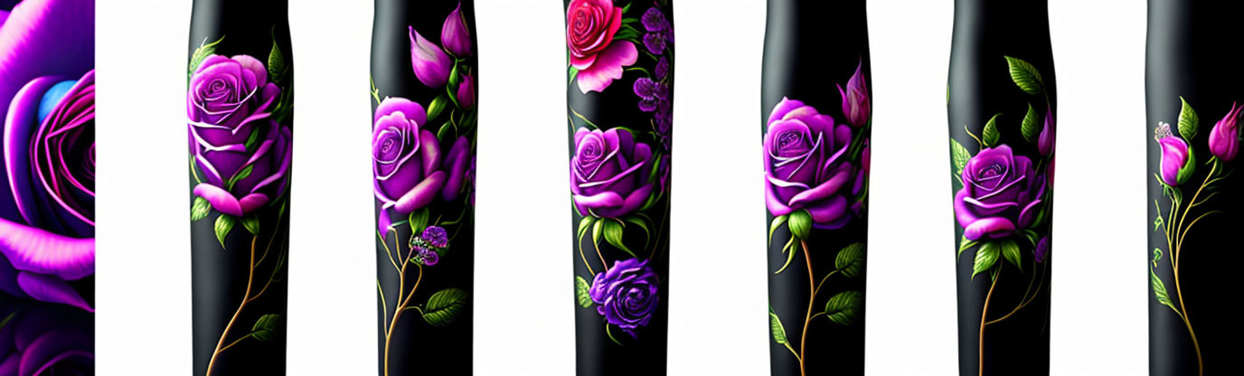 Artistic rose blooming progression in five vertical panels