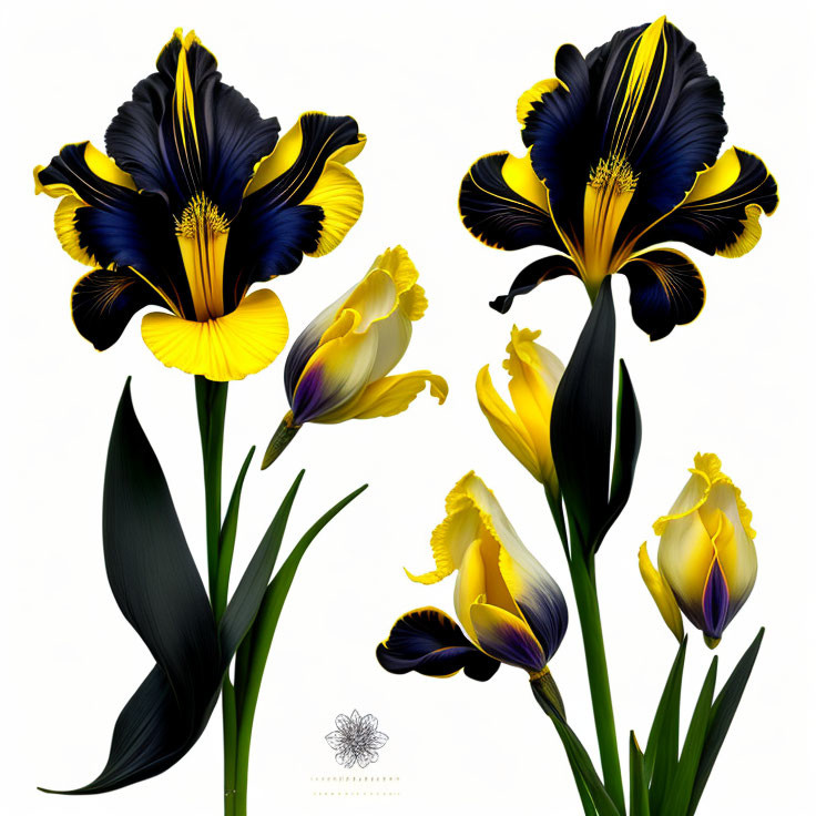 Detailed Illustrations of Yellow and Purple Iris Flowers on White Background