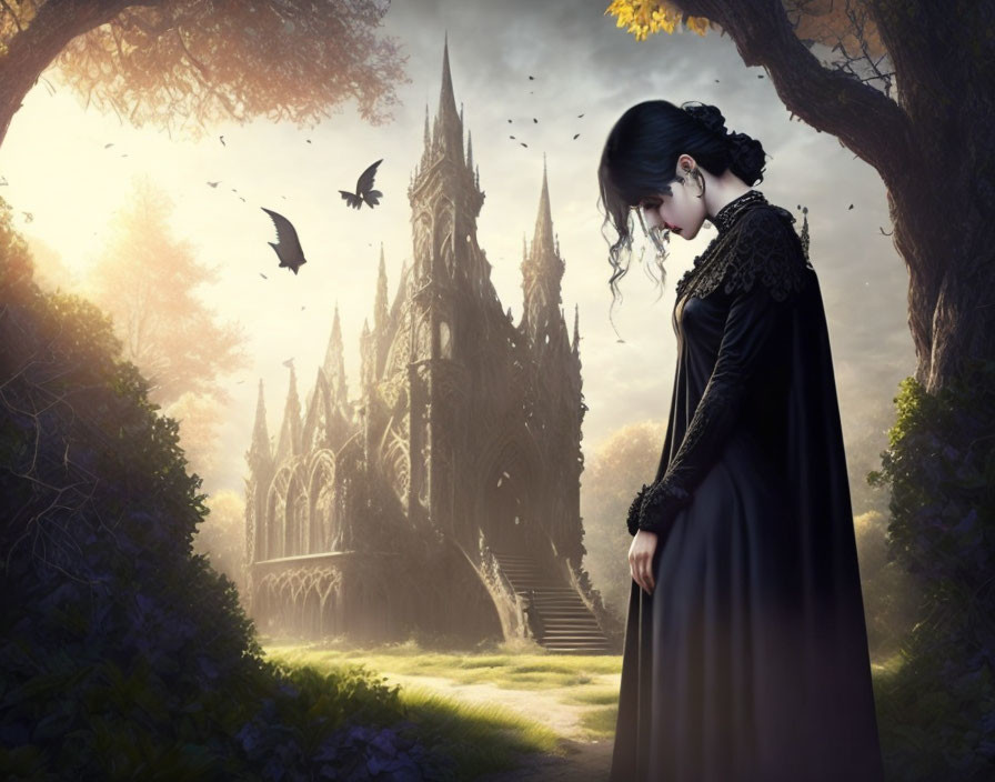 Woman in black dress in mystical forest with gothic castle and ravens