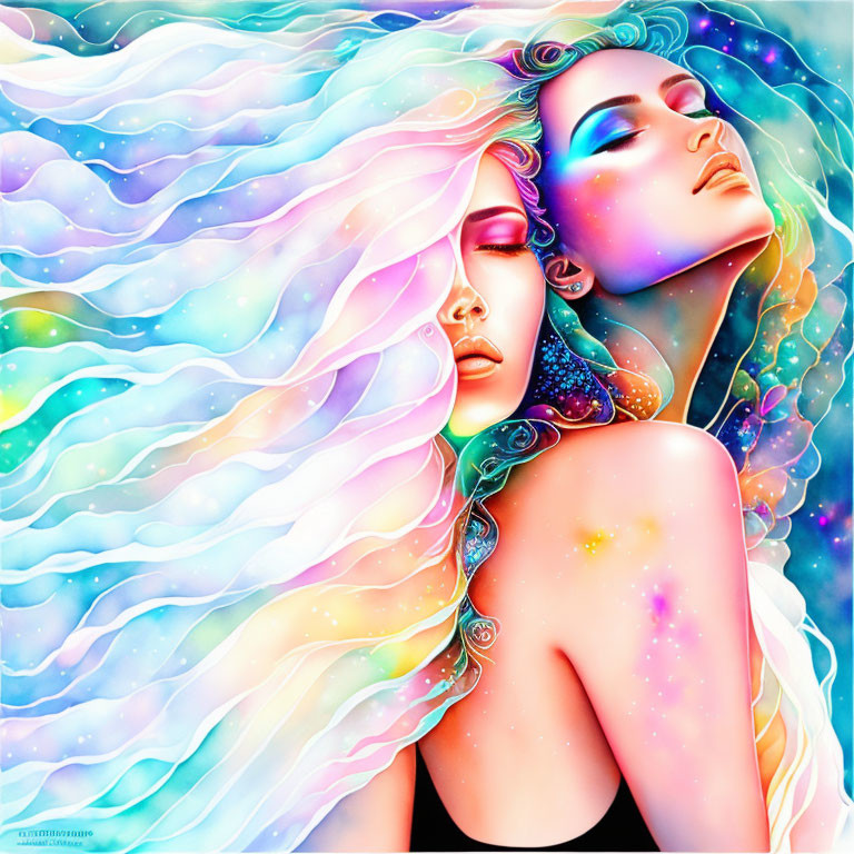 Two women with multicolored hair in cosmic setting.