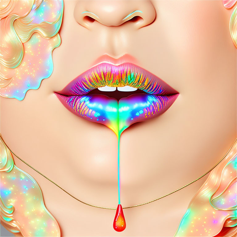 Colorful digital art: Woman's face with vibrant glossy lips and liquid drop