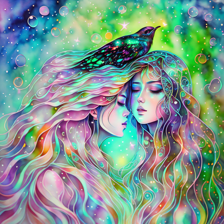 Vibrant illustration of two women with flowing hair and a black bird, bubbles, and stars.