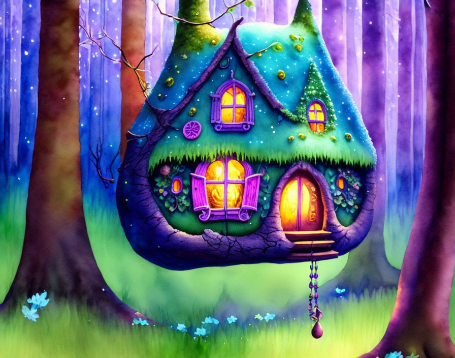 Whimsical shoe-shaped house in mystical purple forest