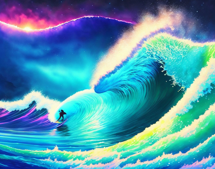 Colorful Digital Artwork: Surfer on Neon Wave with Glowing Sky