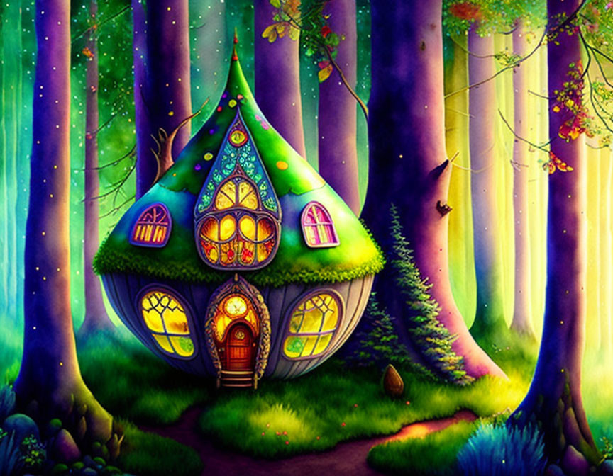 Colorful whimsical onion-shaped house in magical forest with vibrant trees.