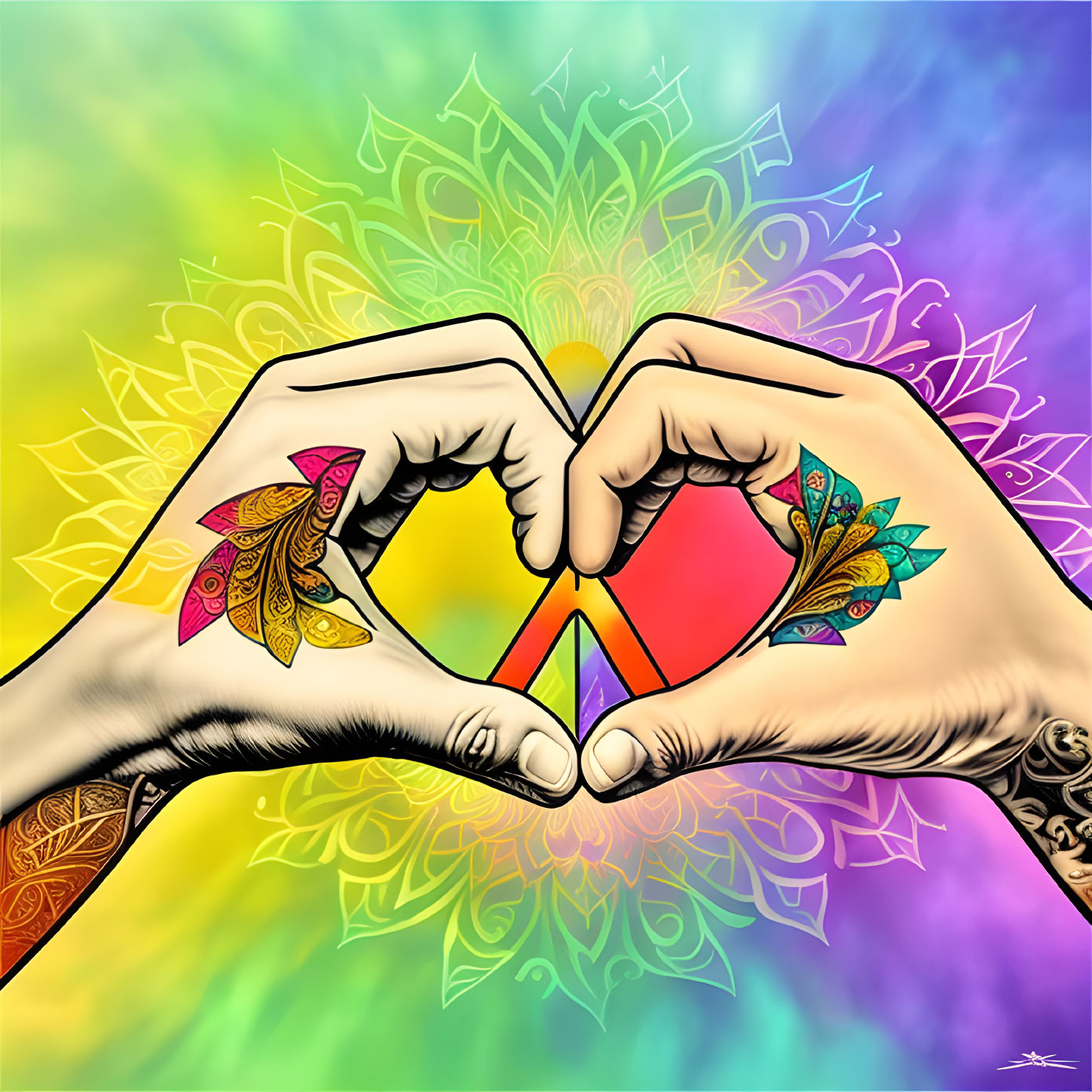 Colorful Psychedelic Background: Heart Shape Hands & Glowing Heart