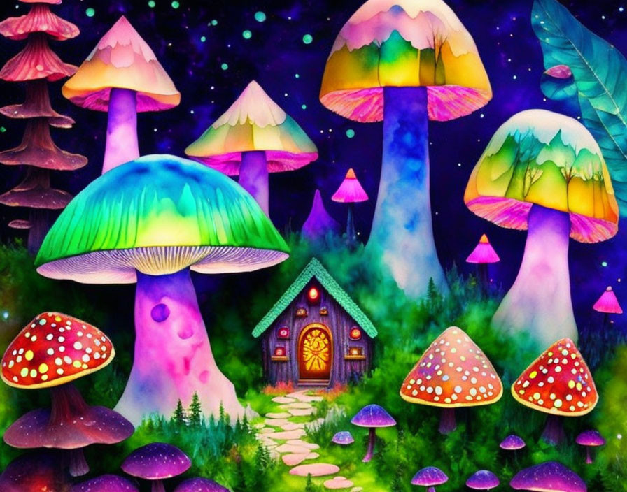 Whimsical fantasy illustration with vibrant oversized mushrooms and starry sky