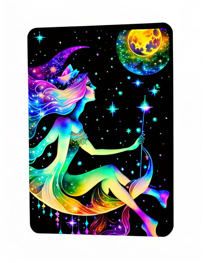 Celestial woman with wand in colorful, stylized illustration