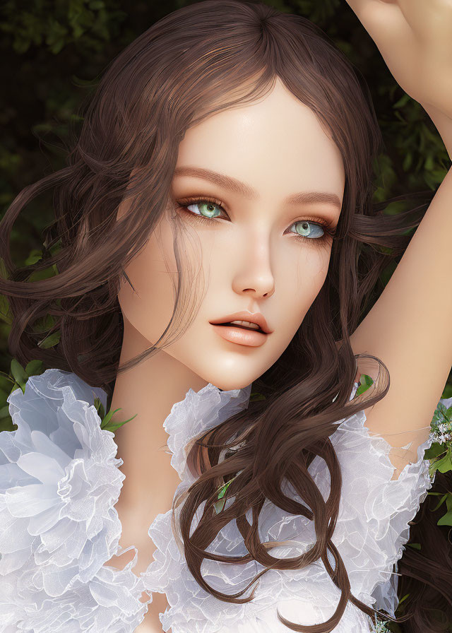 3D-rendered image of woman with brown hair, green eyes, white floral garment