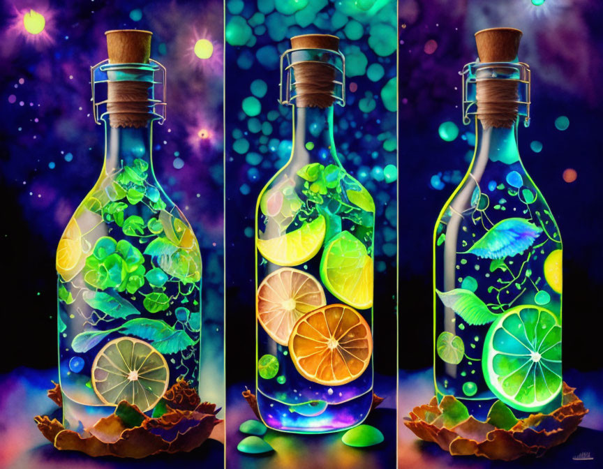 Colorful paintings of water-filled bottles with citrus, leaves, and fish in an underwater setting