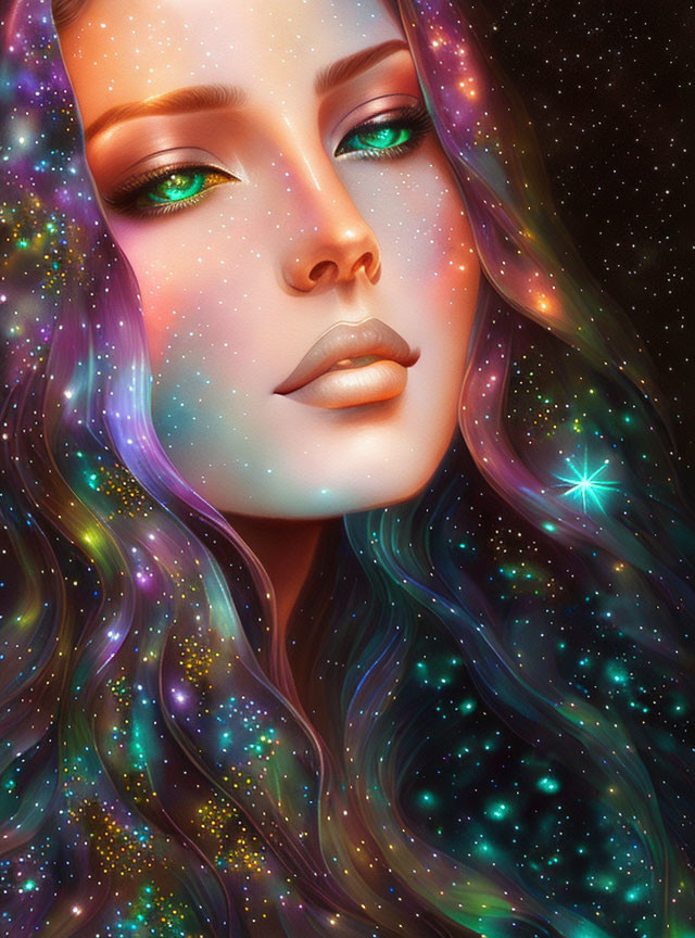 Vibrant galaxy-themed hair on a woman's face with cosmic glow.