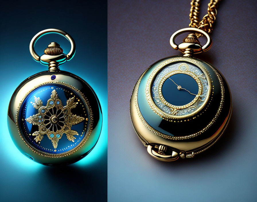 Golden pocket watch with intricate design and blue enamel on gradient blue background.