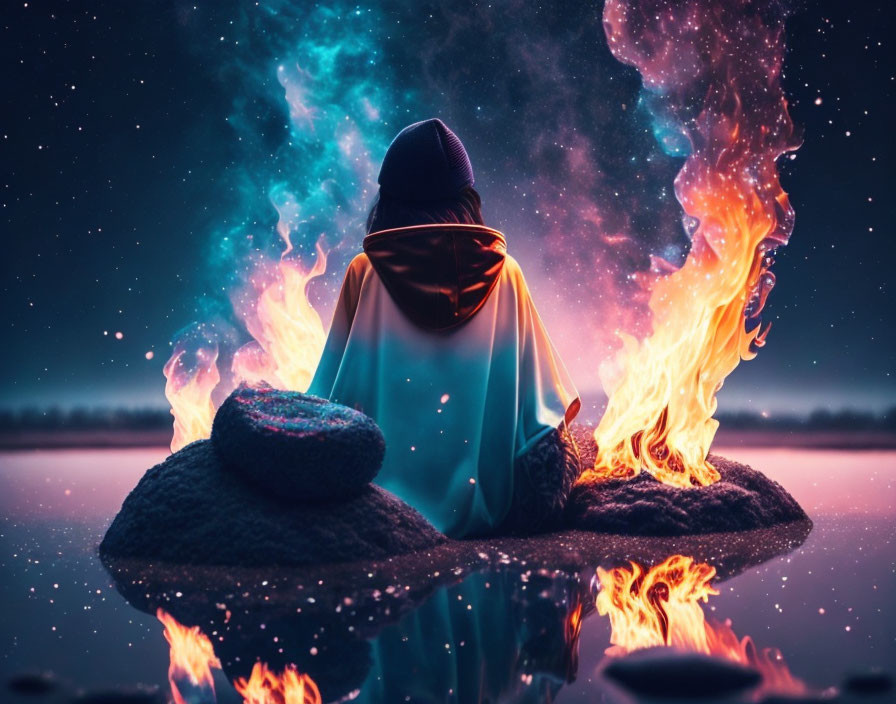 Person in cloak gazes at night sky with stars and nebulae, flames beside.