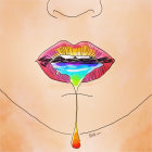 Colorful digital art: Woman's face with vibrant glossy lips and liquid drop