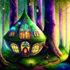 Colorful whimsical onion-shaped house in magical forest with vibrant trees.