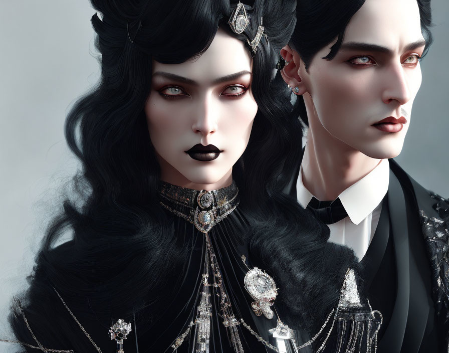 Two characters with pale skin and gothic attire, showcasing dark hair and intricate jewelry.