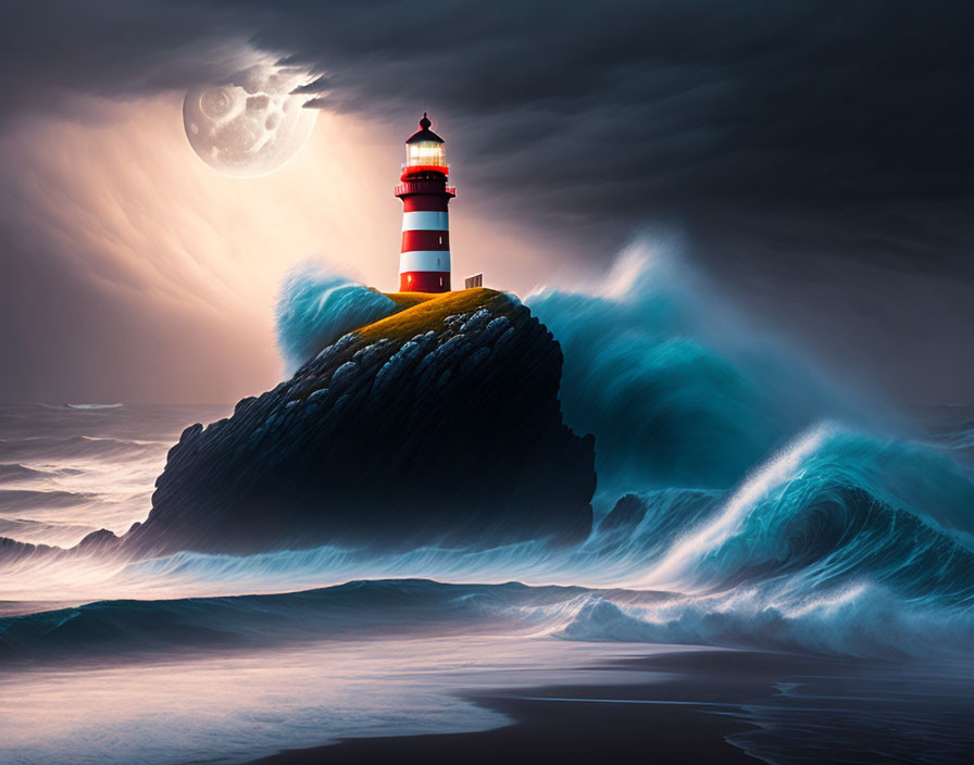 Lighthouse on rocky outcrop with crashing waves under full moon